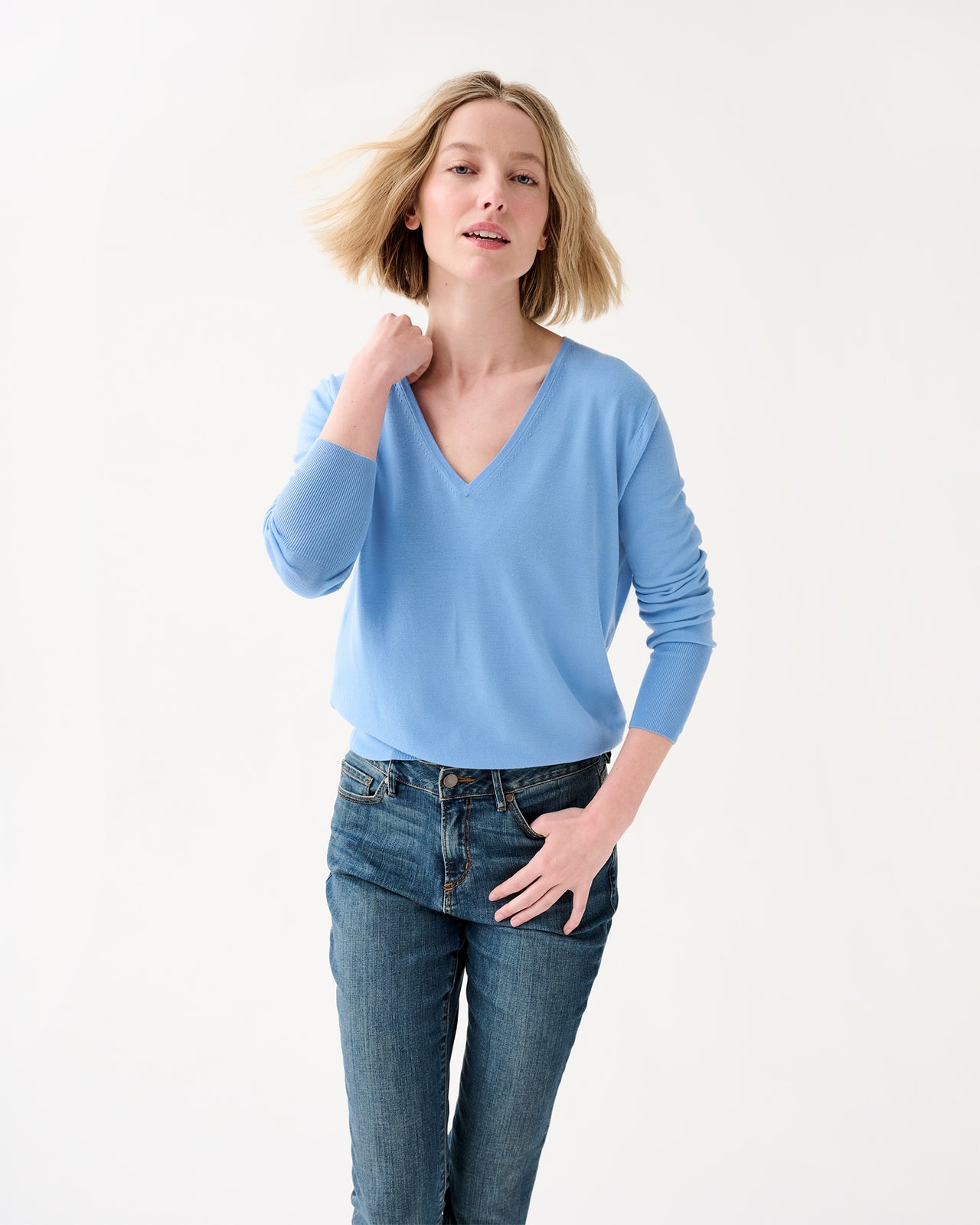 Kate V-Neck Sweater in French Blue Escorial Wool
