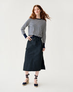 Load image into Gallery viewer, Kit Crewneck Sweater in Navy/Ivory Stripe Fine Gauge Cashmere

