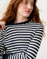 Load image into Gallery viewer, Kit Crewneck Sweater in Navy/Ivory Stripe Fine Gauge Cashmere
