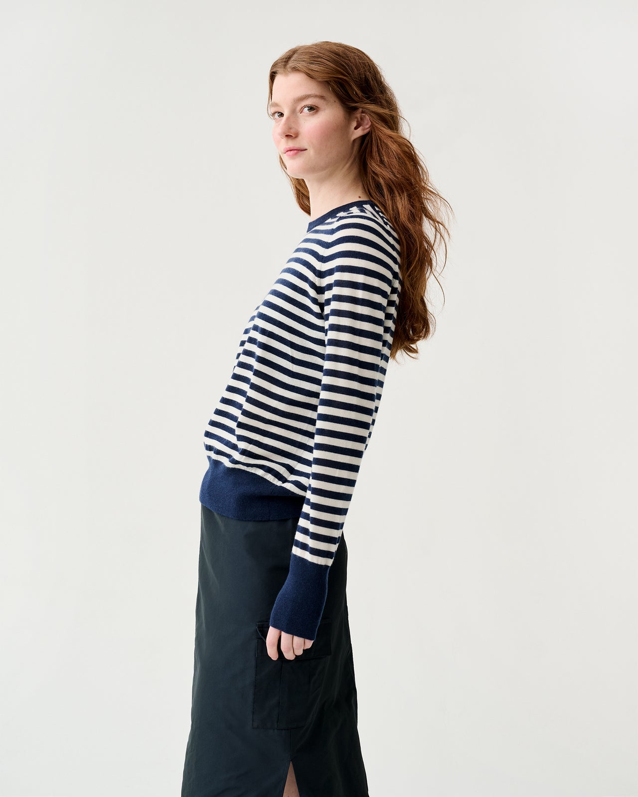 Kit Crewneck Sweater in Navy/Ivory Stripe Fine Gauge Cashmere
