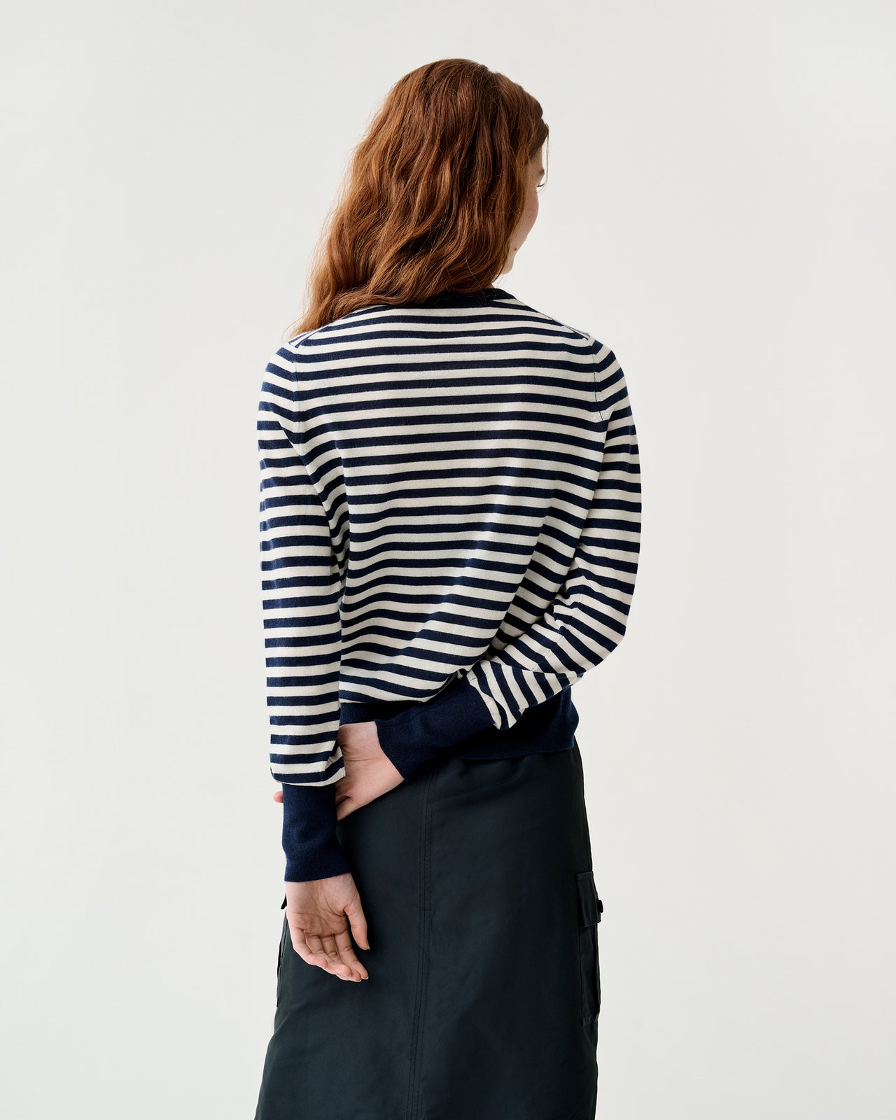 Kit Crewneck Sweater in Navy/Ivory Stripe Fine Gauge Cashmere