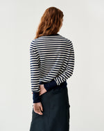 Load image into Gallery viewer, Kit Crewneck Sweater in Navy/Ivory Stripe Fine Gauge Cashmere
