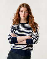 Load image into Gallery viewer, Kit Crewneck Sweater in Navy/Ivory Stripe Fine Gauge Cashmere
