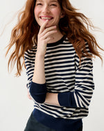 Load image into Gallery viewer, Kit Crewneck Sweater in Navy/Ivory Stripe Fine Gauge Cashmere
