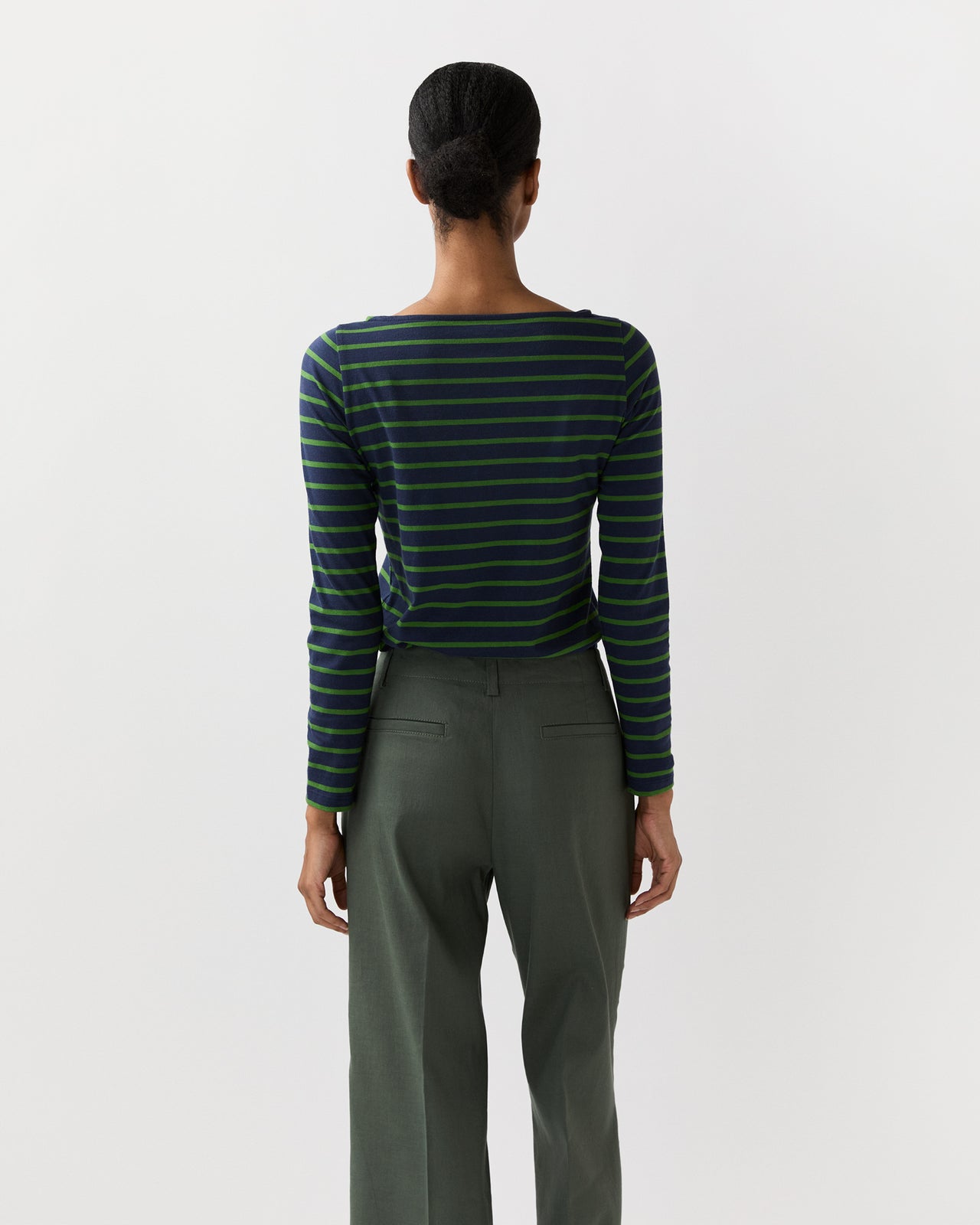 Long-Sleeved Boatneck Tee in Navy/Green Stripe Jersey