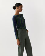 Load image into Gallery viewer, Long-Sleeved Boatneck Tee in Navy/Green Stripe Jersey

