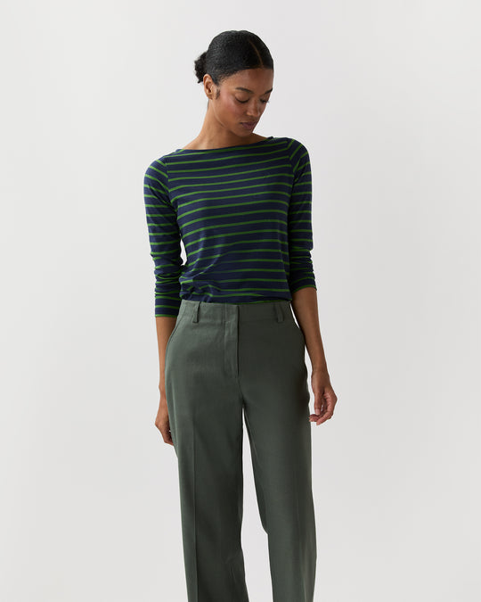 Long-Sleeved Boatneck Tee in Navy/Green Stripe Jersey