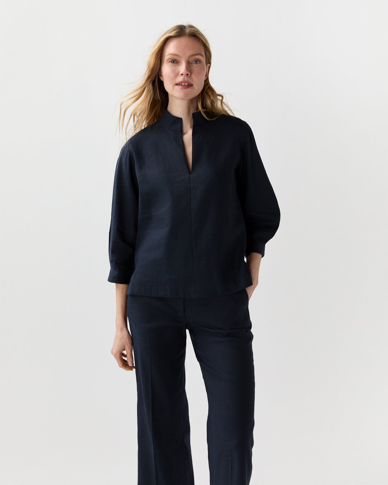 3/4-Sleeved Violetta Top in Navy Stretch Cotolino