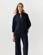 Load image into Gallery viewer, 3/4-Sleeved Violetta Top in Navy Stretch Cotolino
