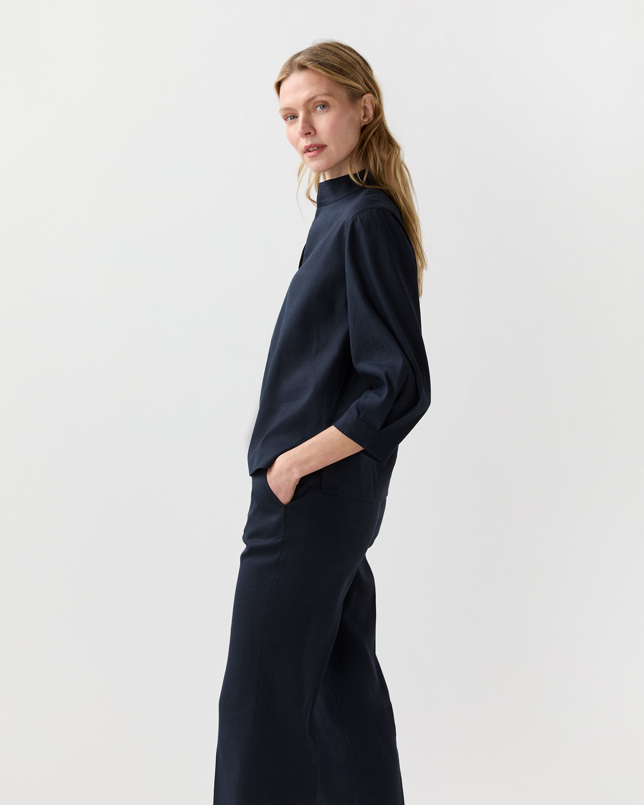 3/4-Sleeved Violetta Top in Navy Stretch Cotolino
