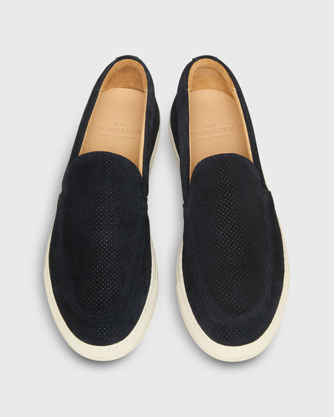 Moccasin Slip-On Sneaker in Navy Perforated Suede | Shop Sid Mashburn