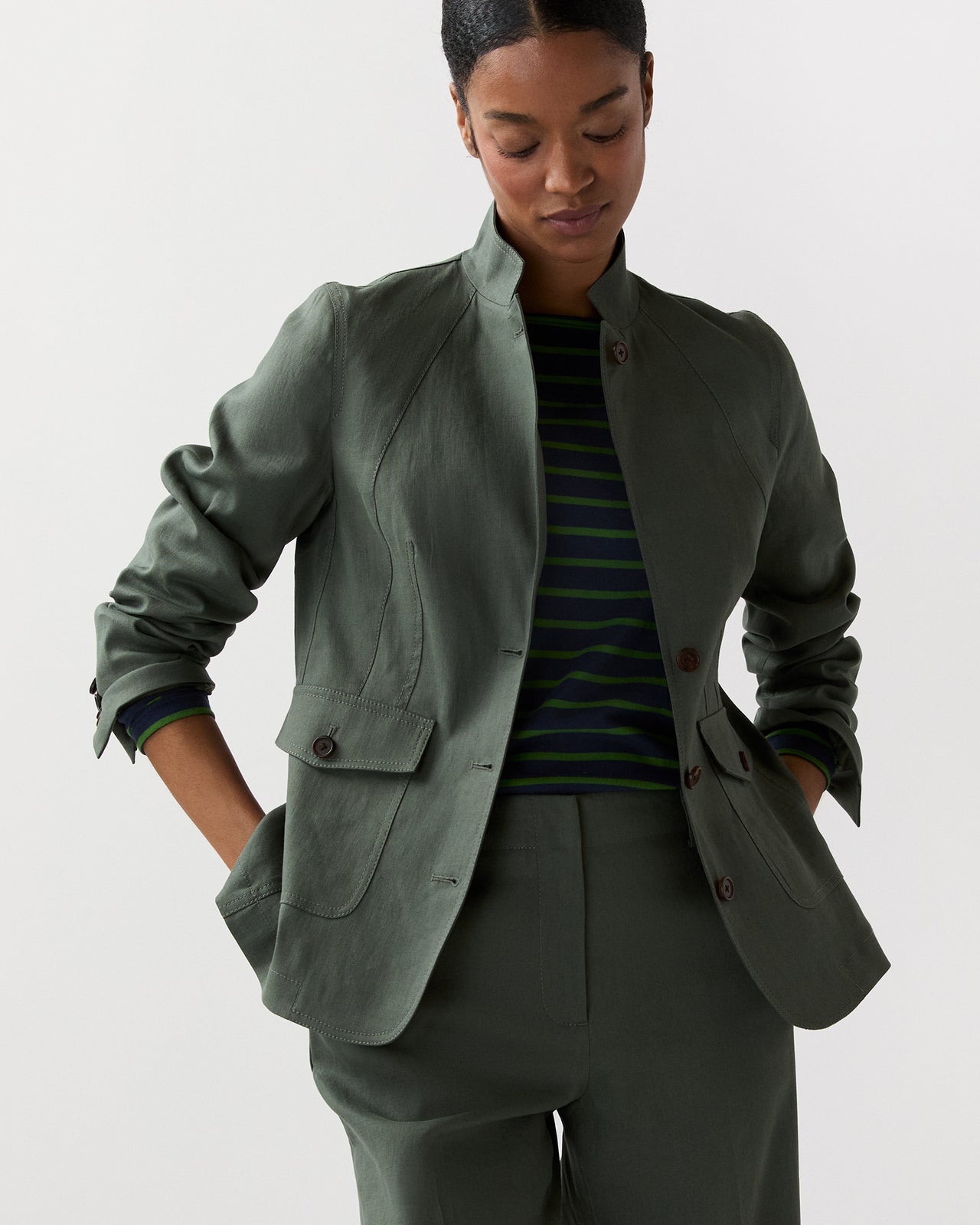 Cecile Jacket in Olive Stretch Cotolino