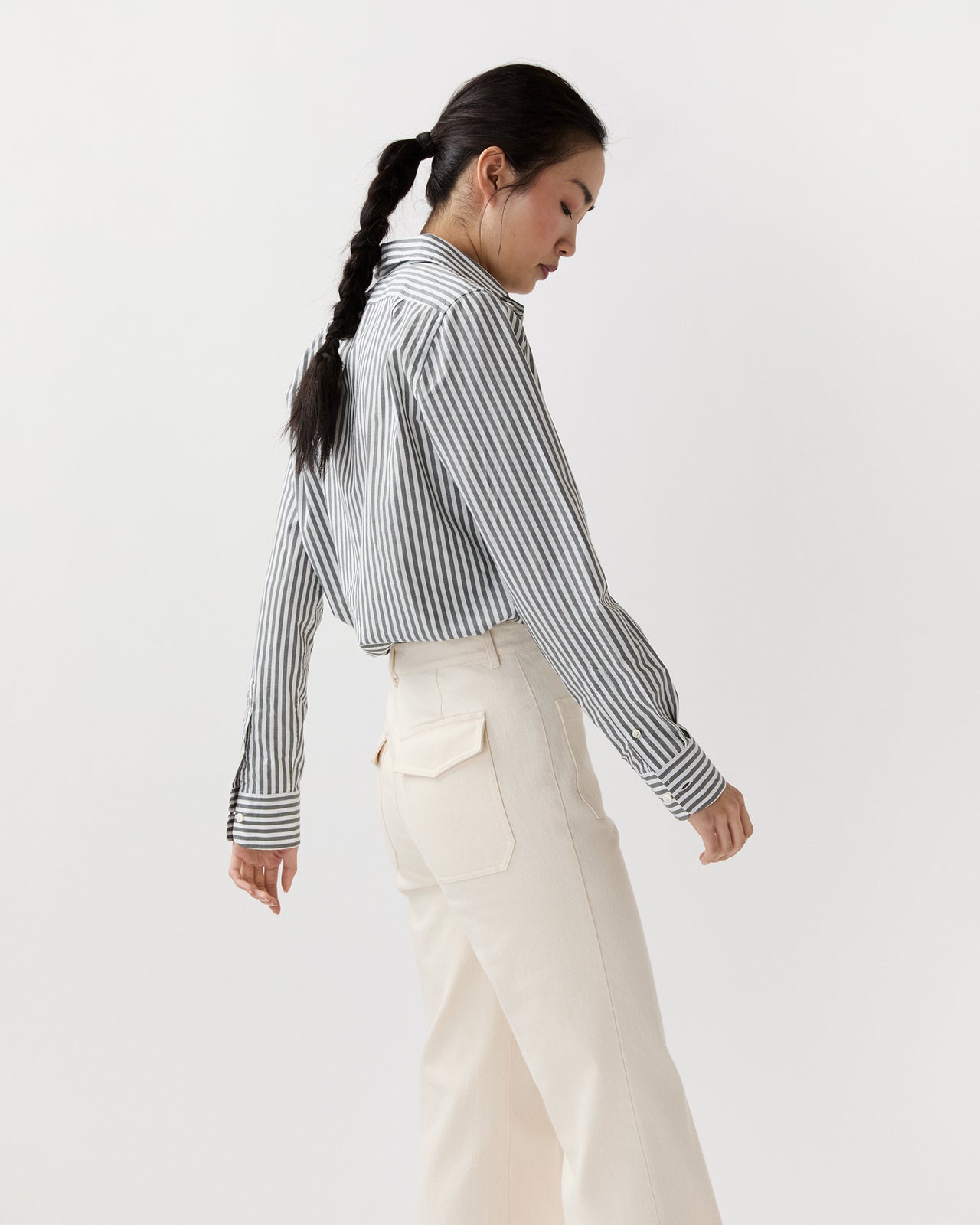 Sidney Shirt in Olive/White Stripe Chambray