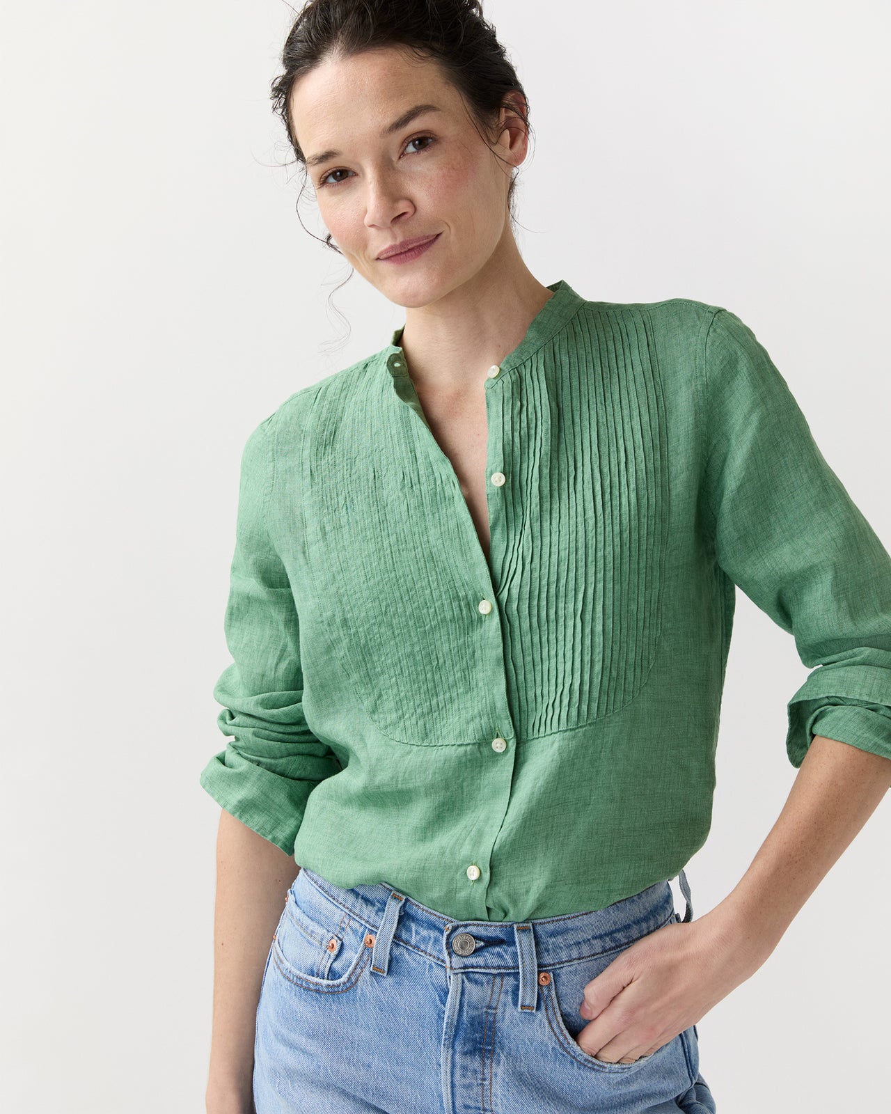 Mandarin Hattie Shirt in Grass Sahara Linen