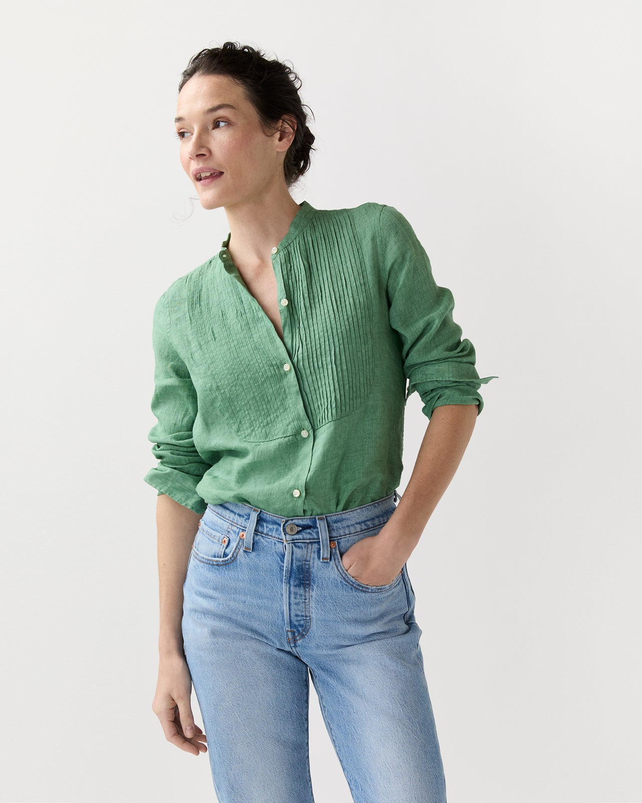 Mandarin Hattie Shirt in Grass Sahara Linen