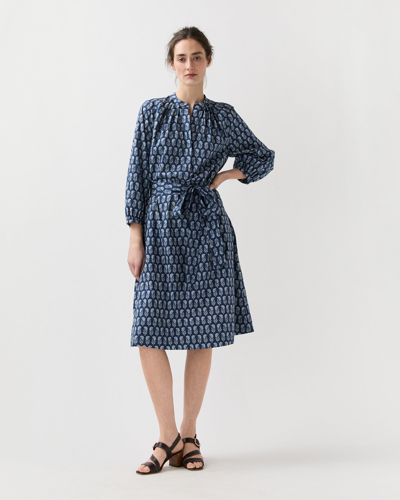 Sienna Dress in Marine French Country Floral Poplin | Ann Mashburn
