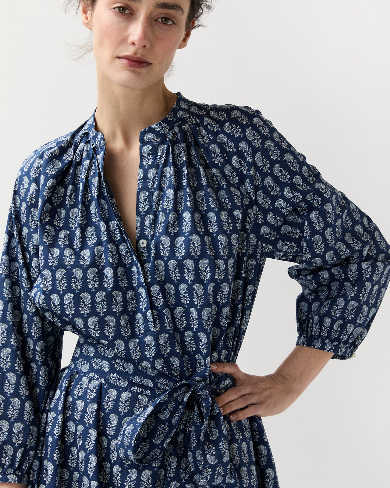 Sienna Dress in Marine French Country Floral Poplin | Ann Mashburn
