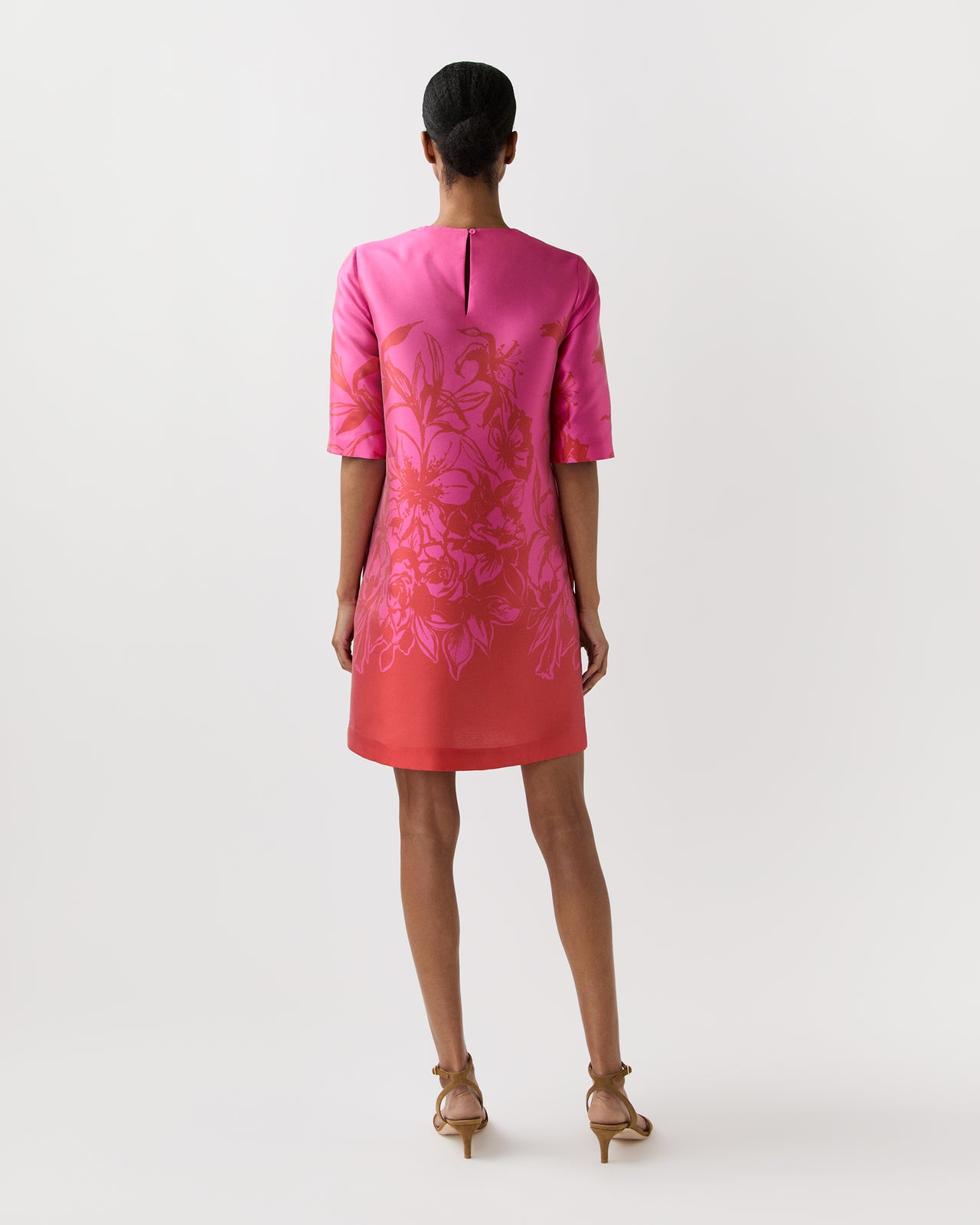 Short Paige Dress in Pink/Red Floral Printed Mikado