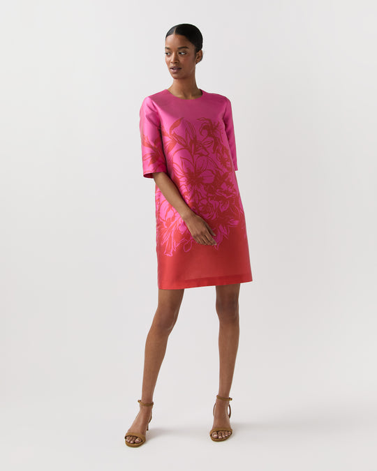 Short Paige Dress in Pink/Red Floral Printed Mikado