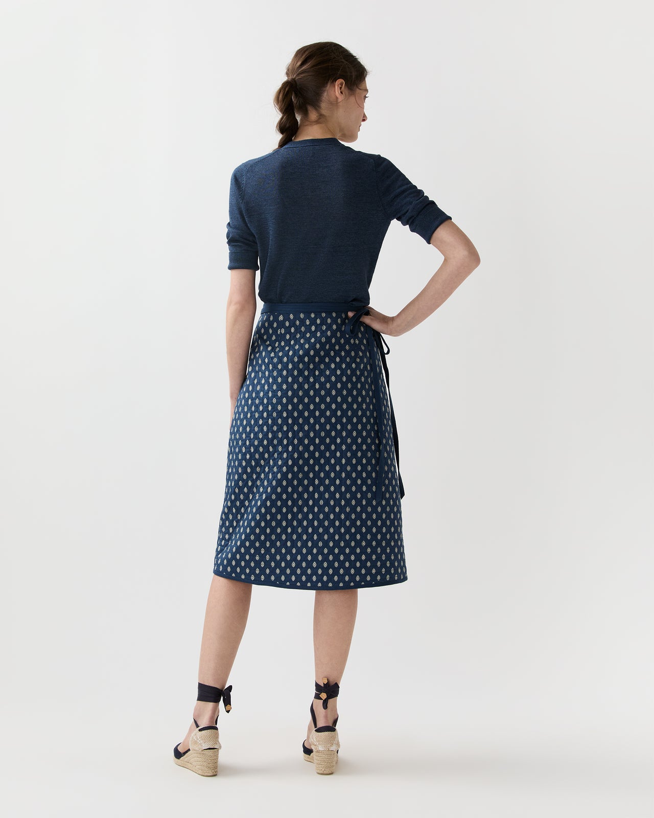 Quilted Adley Wrap Skirt in Navy/Ivory Mixed Provençal Printed Poplin