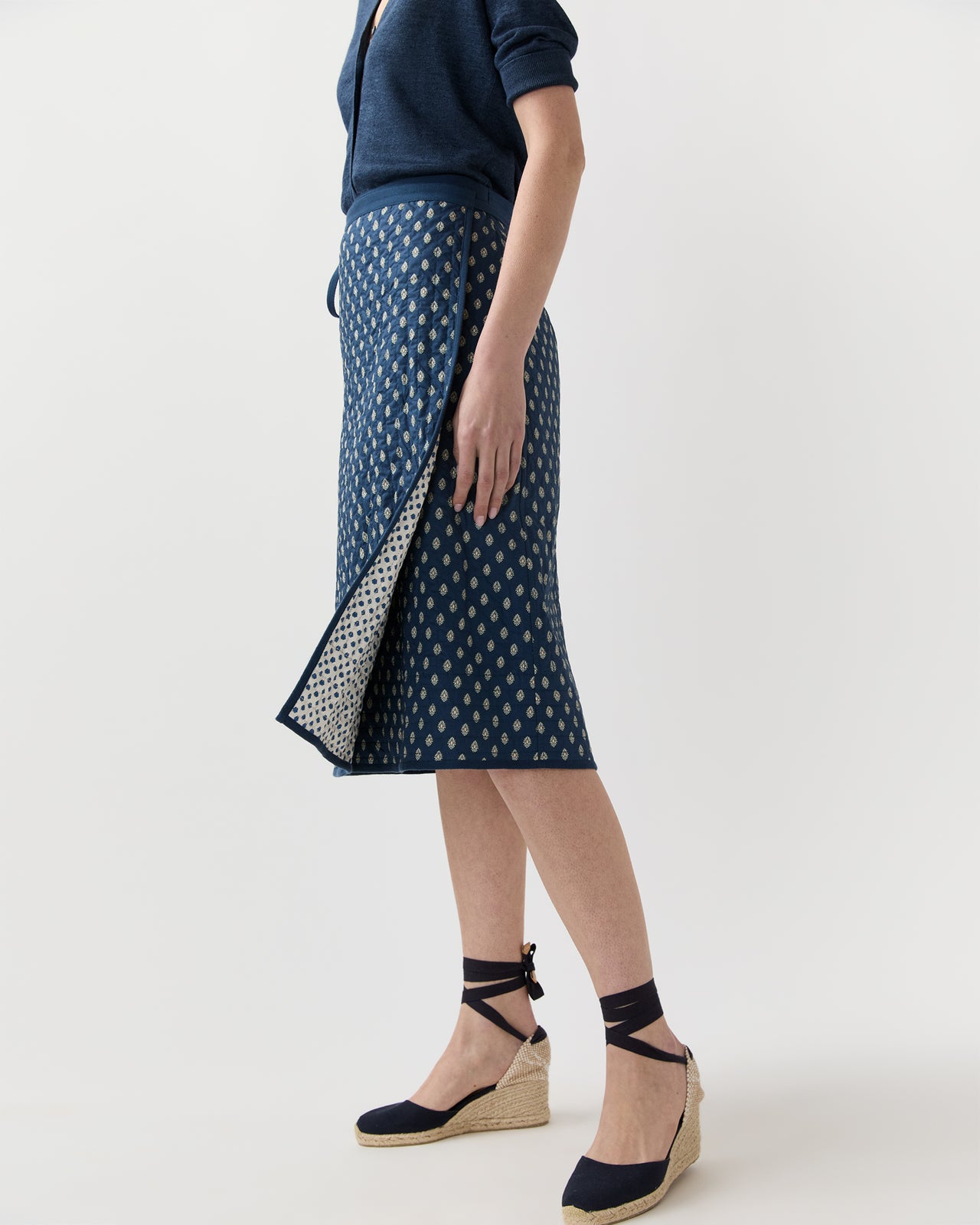 Quilted Adley Wrap Skirt in Navy/Ivory Mixed Provençal Printed Poplin
