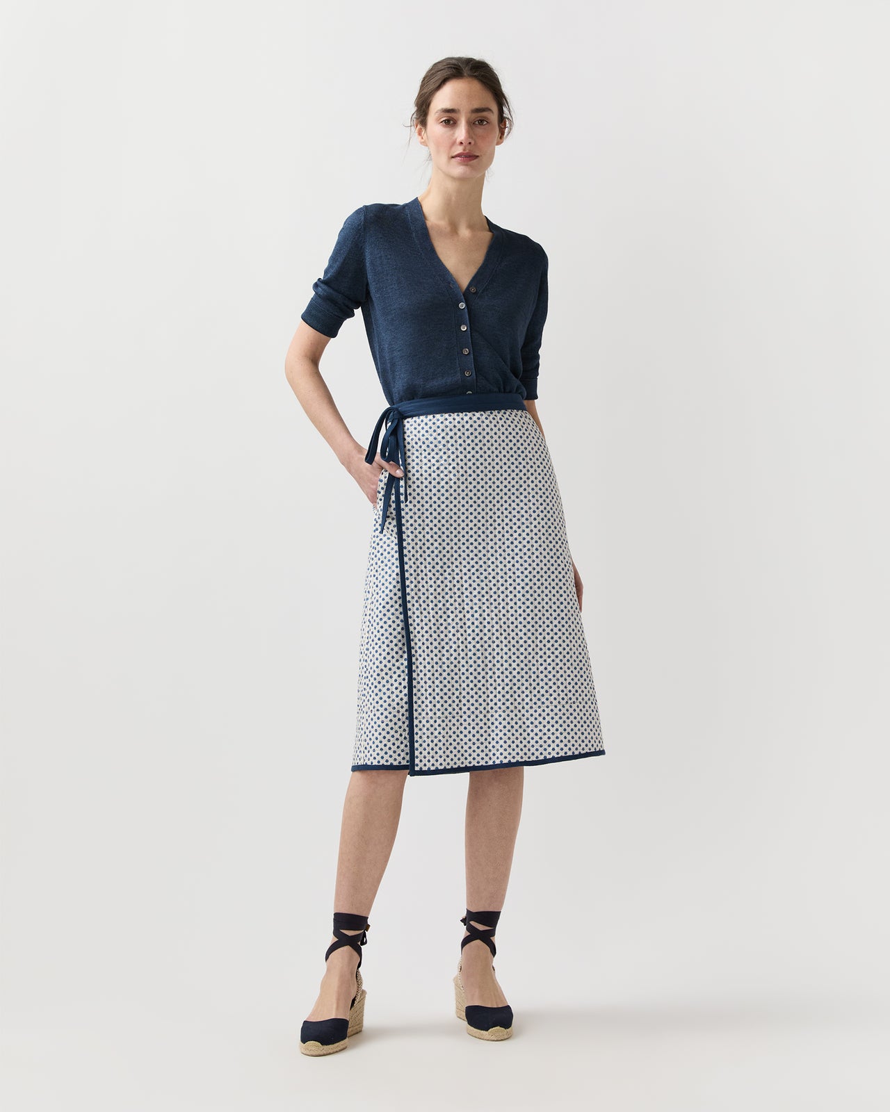 Quilted Adley Wrap Skirt in Navy/Ivory Mixed Provençal Printed Poplin