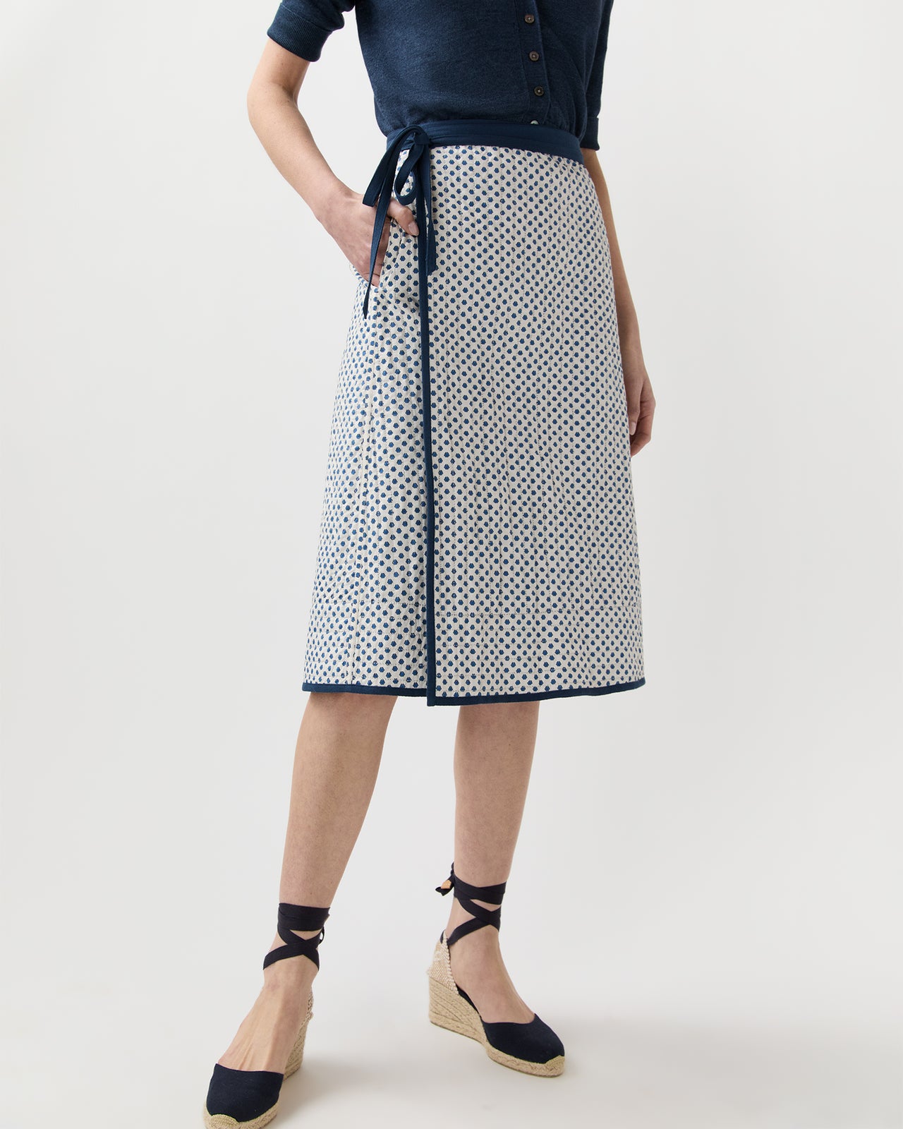 Quilted Adley Wrap Skirt in Navy/Ivory Mixed Provençal Printed Poplin