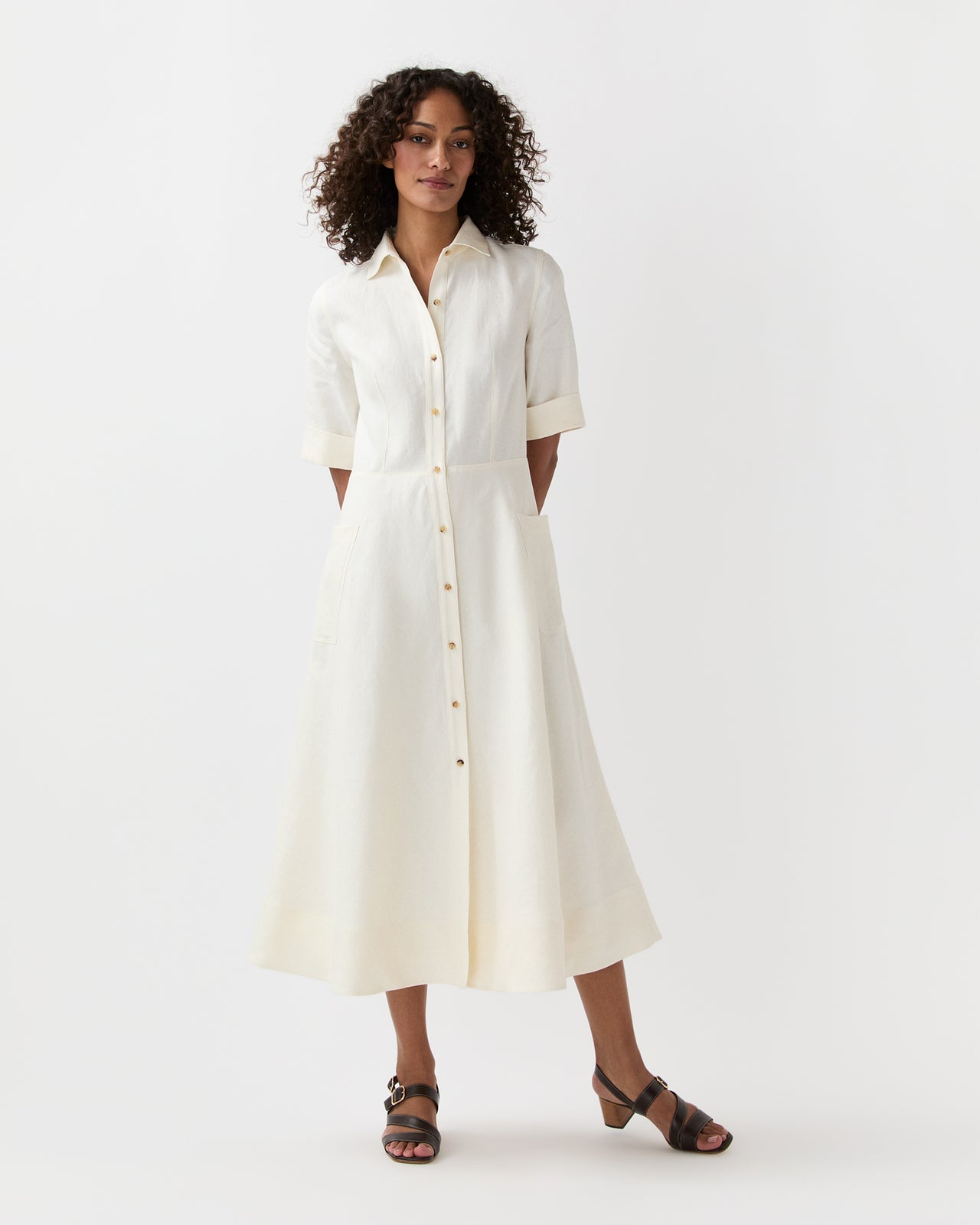Emery Shirtwaist Dress in Ivory Stretch Linen Twill