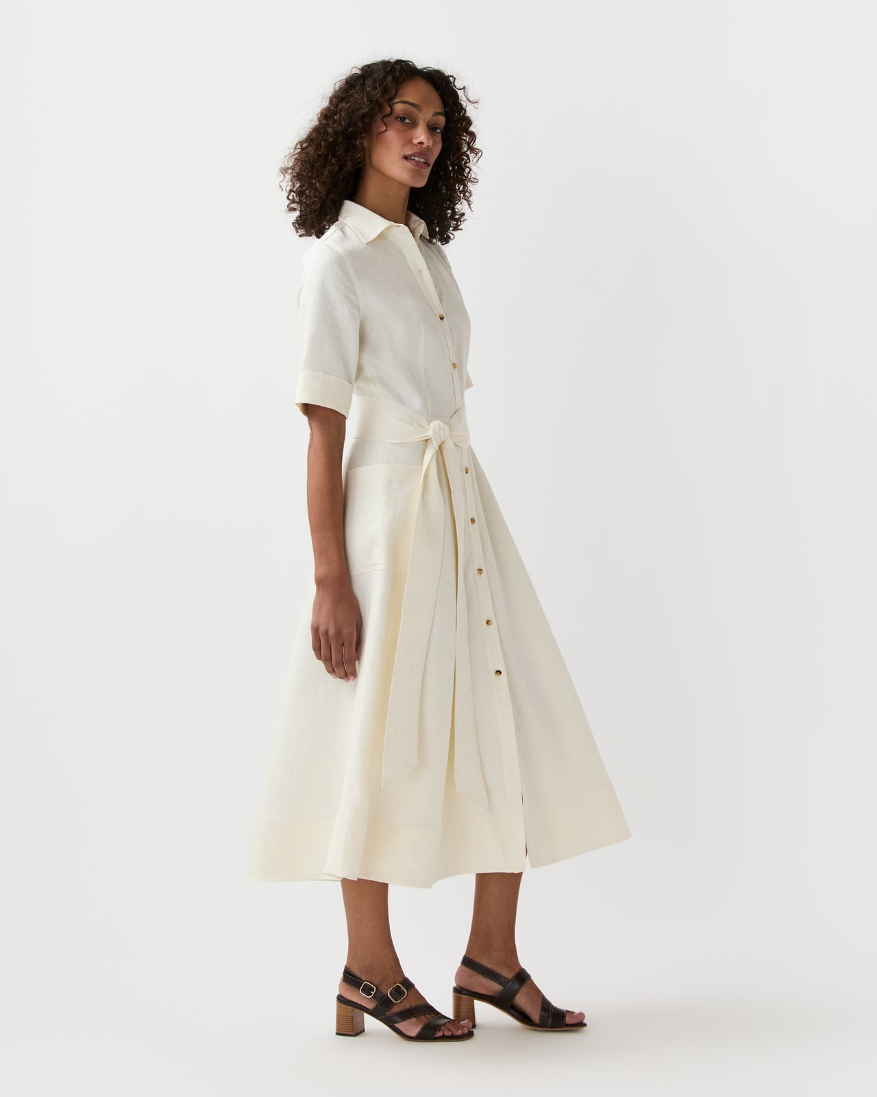 Emery Shirtwaist Dress in Ivory Stretch Linen Twill