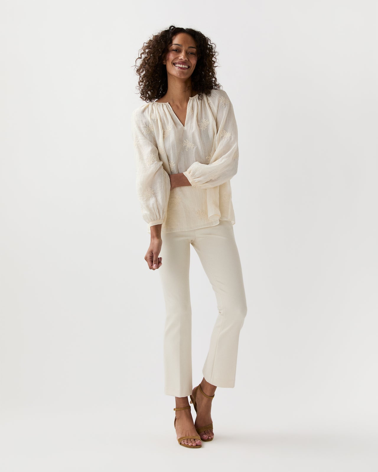Ariana Blouse in Ivory Embroidered Crinkled Gauze