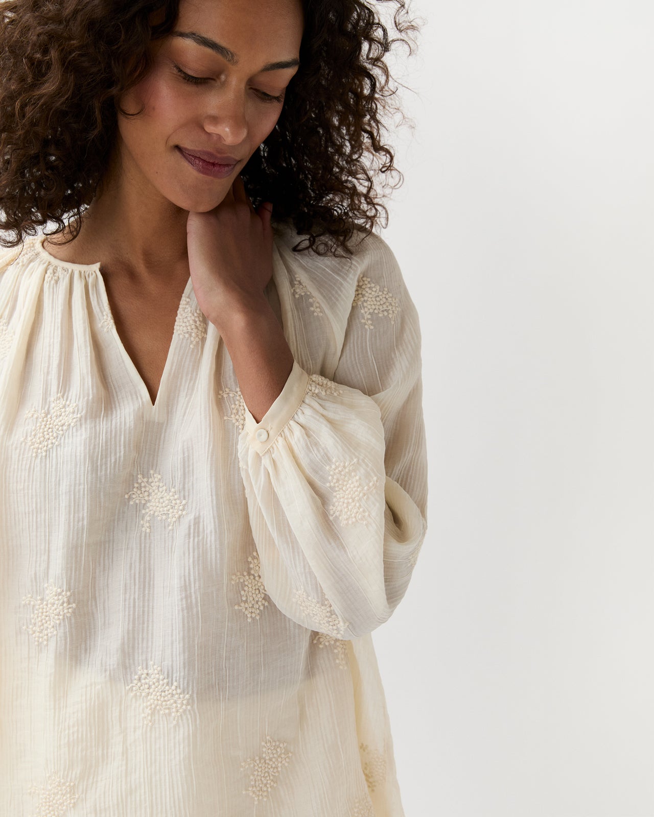 Ariana Blouse in Ivory Embroidered Crinkled Gauze