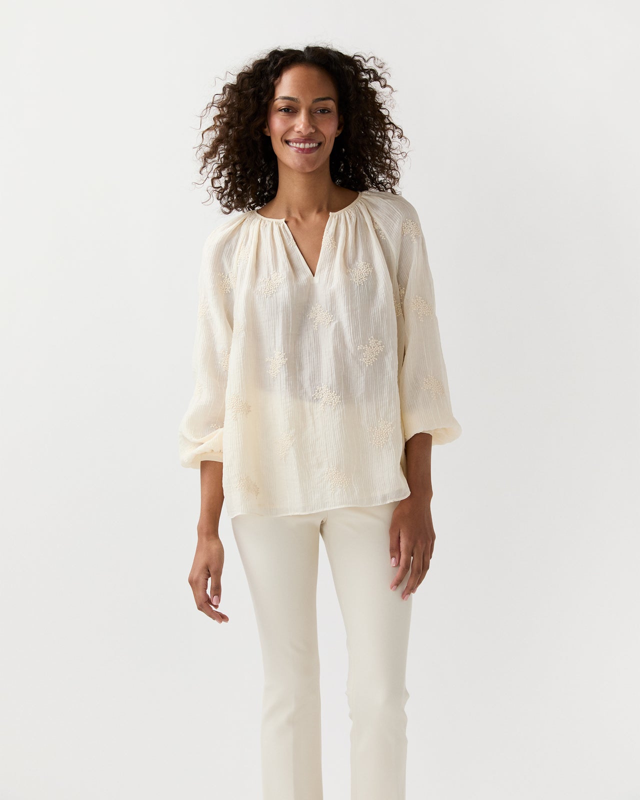 Ariana Blouse in Ivory Embroidered Crinkled Gauze