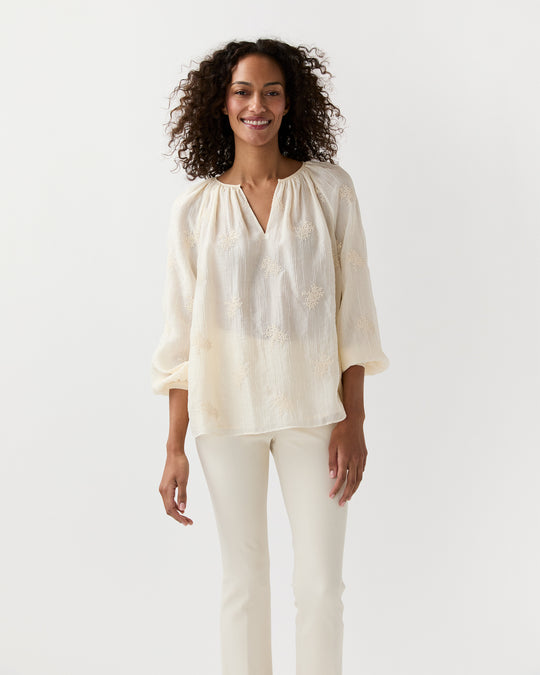 Ariana Blouse in Ivory Embroidered Crinkled Gauze