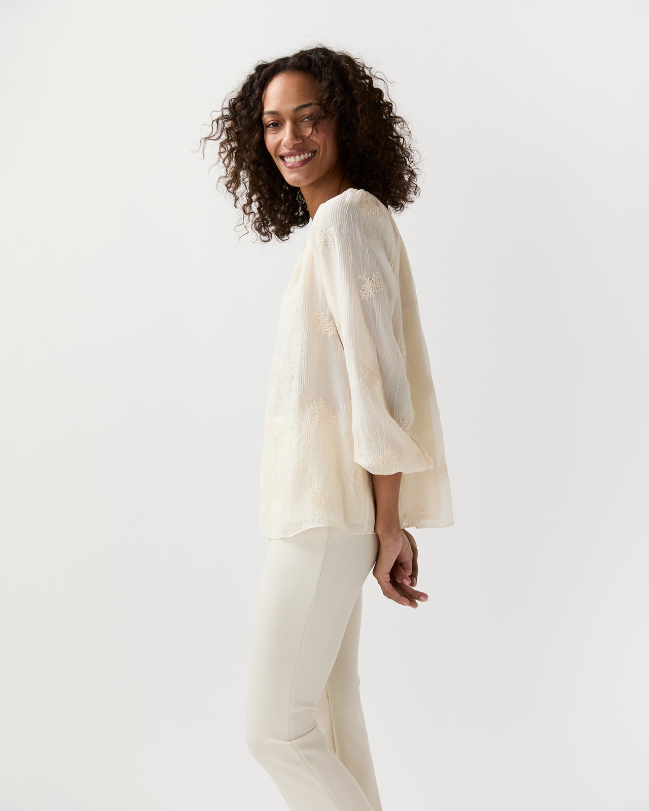 Ariana Blouse in Ivory Embroidered Crinkled Gauze