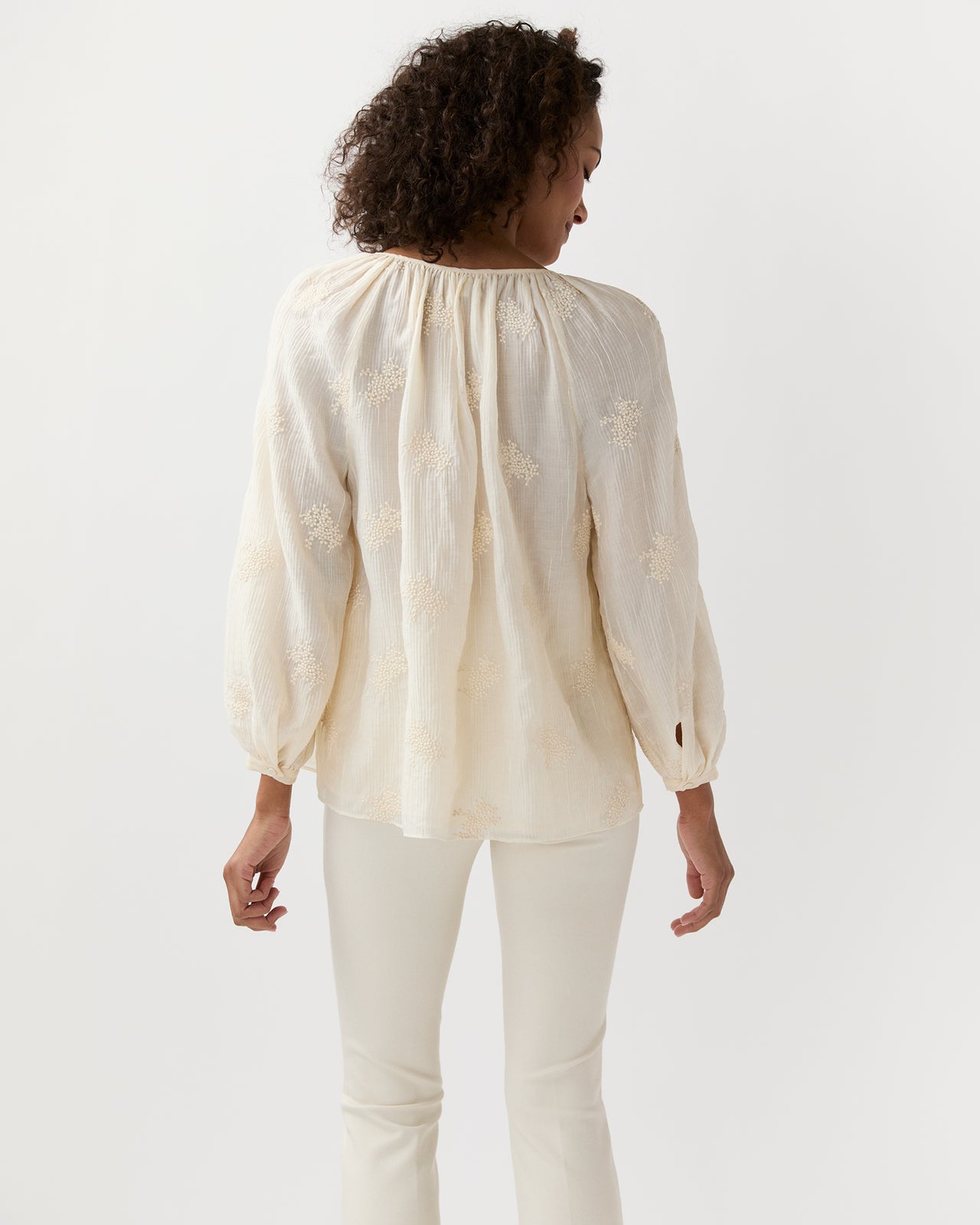 Ariana Blouse in Ivory Embroidered Crinkled Gauze