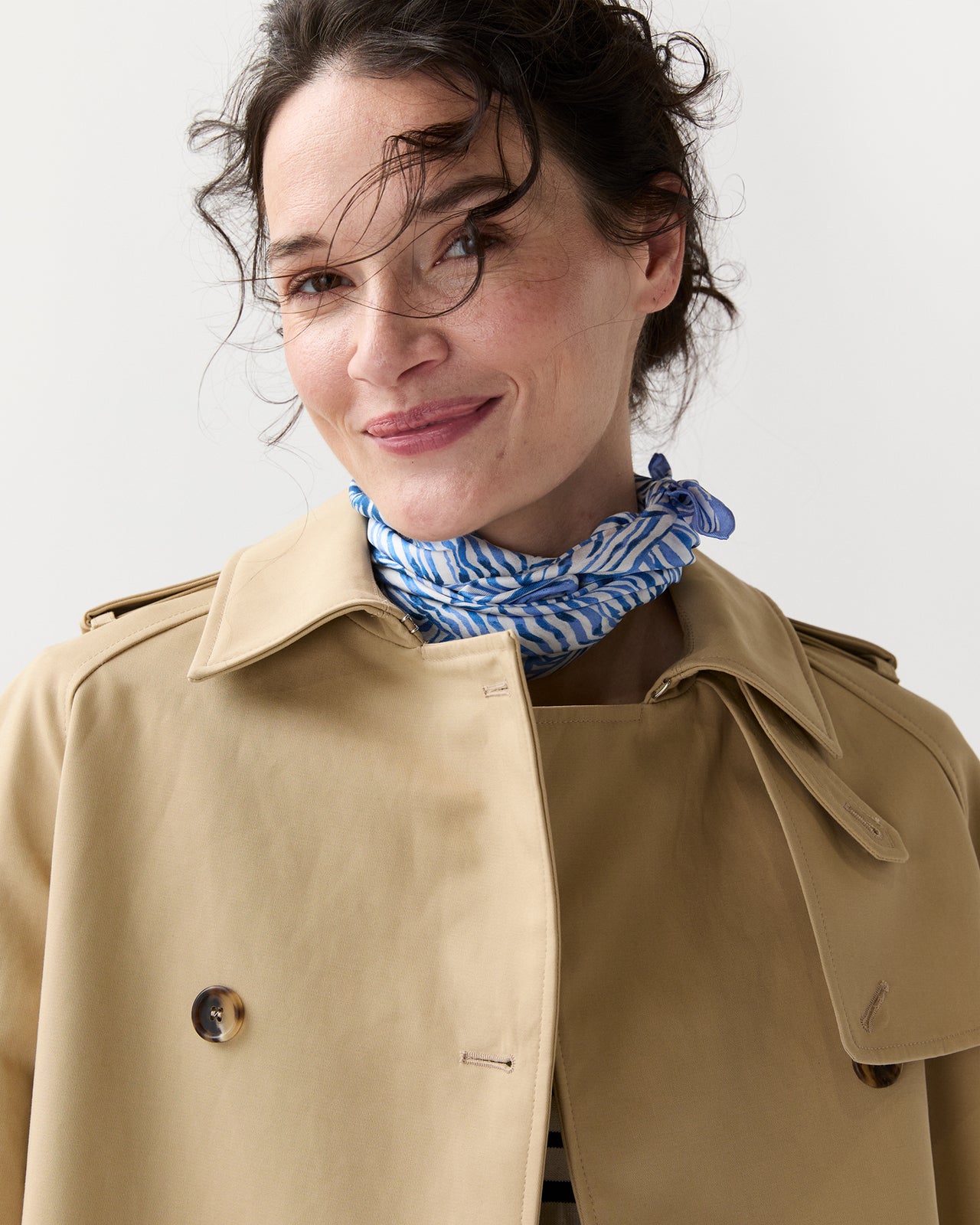 Medium Hand-Rolled Silk Scarf in Blue Stripe and Bow Liberty Fabric Silk Twill