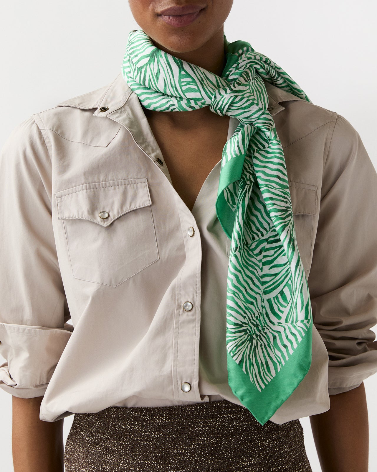 Large Hand-Rolled Scarf in Green Stripe and Bow Liberty Fabric Silk Twill