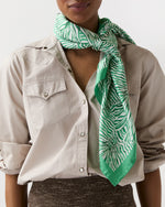 Load image into Gallery viewer, Large Hand-Rolled Scarf in Green Stripe and Bow Liberty Fabric Silk Twill
