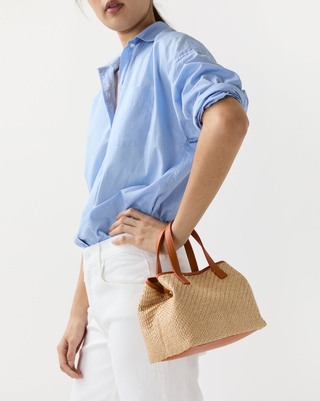 Small Judith Tote in Natural/Orange Raffia/Leather