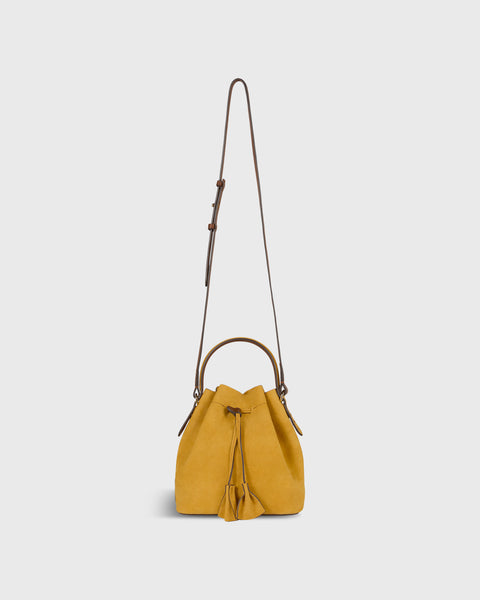 Lulu Bucket Bag in Gold Suede/Brown Leather | Shop Ann Mashburn display picture 3