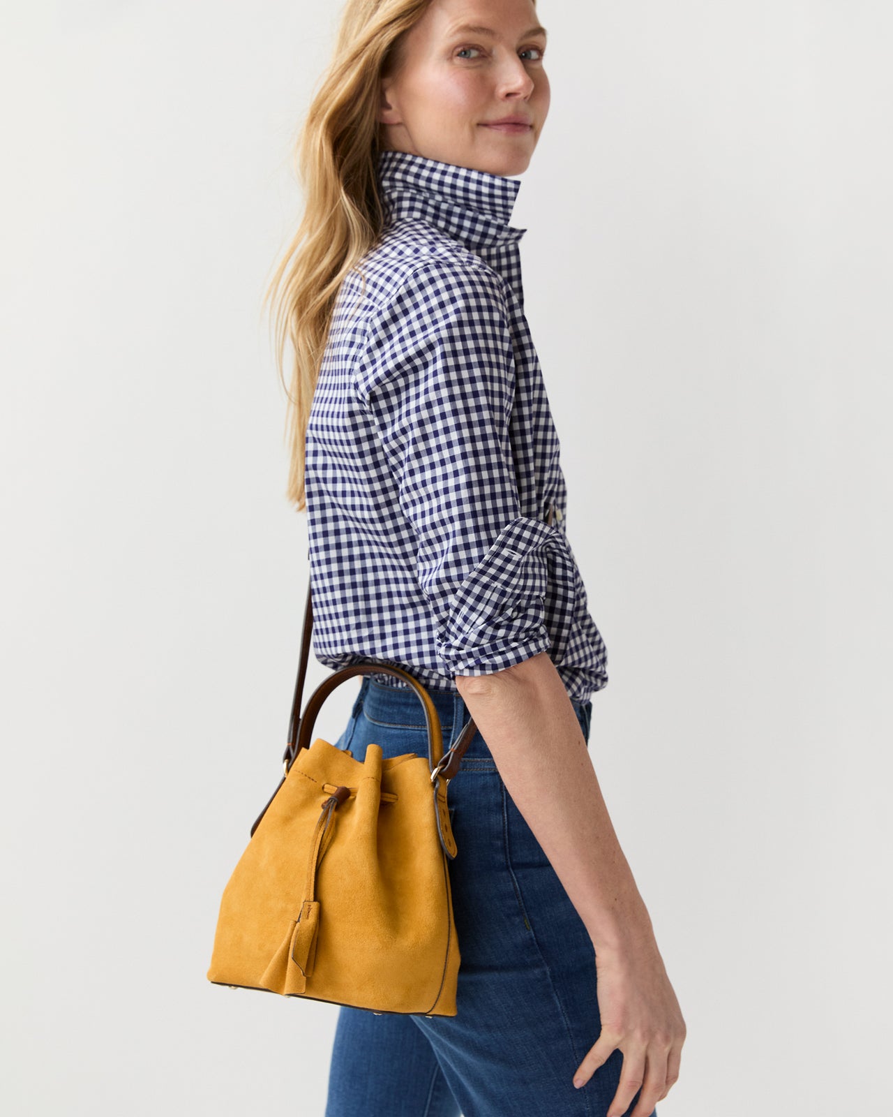 Lulu Bucket Bag in Gold Suede/Brown Leather