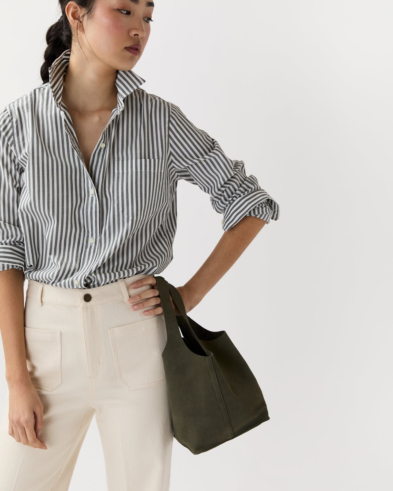Paola Bucket Bag in Olive Suede