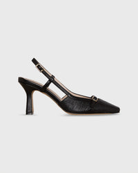 Square-Toe Buckle Slingback High Heel in Black Raffia/Leather