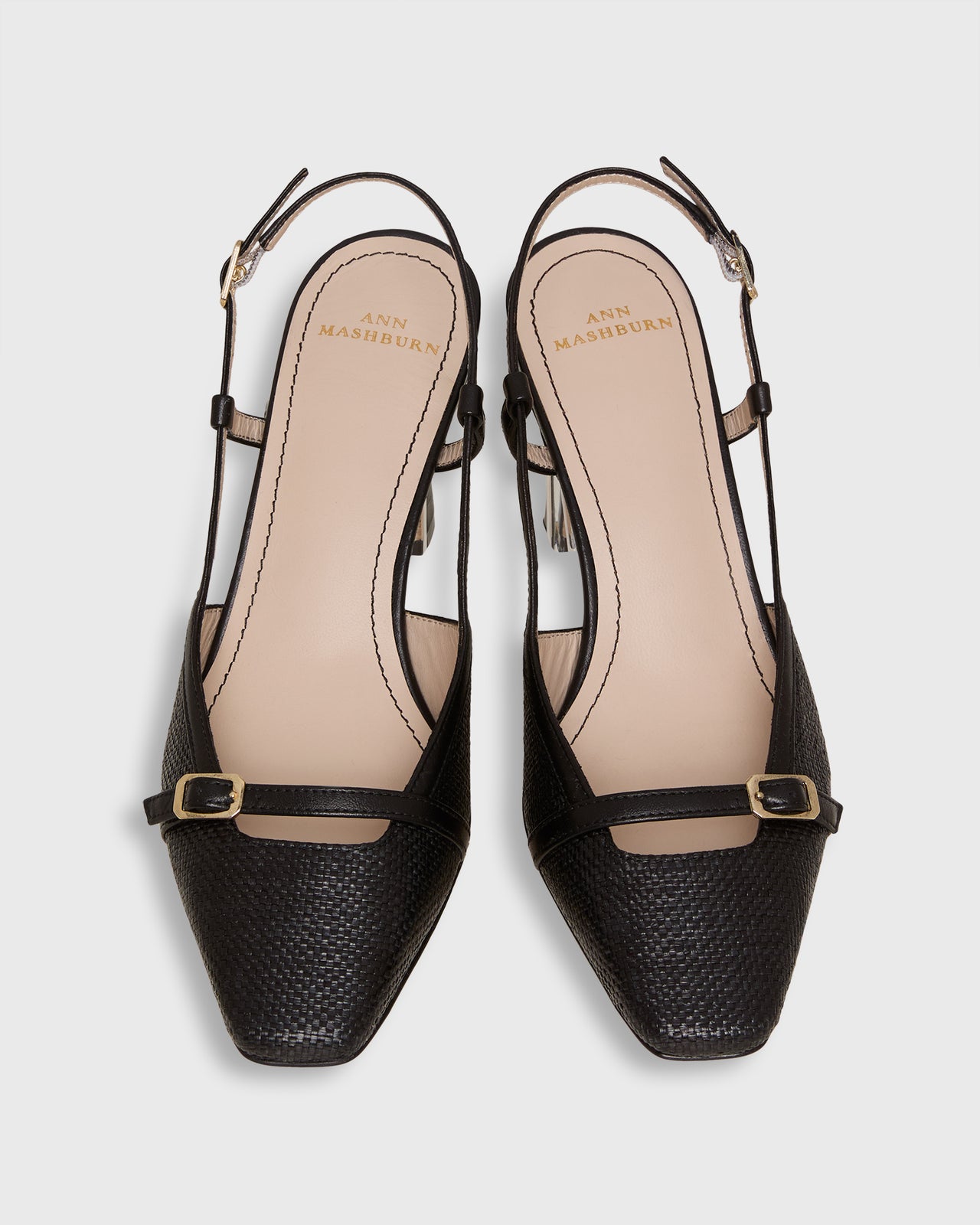 Square-Toe Buckle Slingback High Heel in Black Raffia/Leather