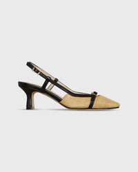 Square-Toe Buckle Slingback Heel in Natural Raffia/Leather