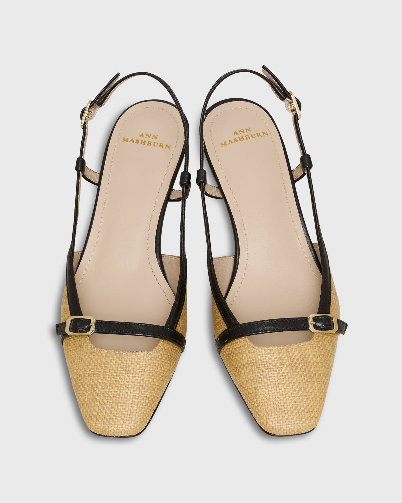 Square-Toe Buckle Slingback Heel in Natural Raffia/Leather