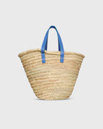 Load image into Gallery viewer, Leather Handle Straw Tote in Natural Straw/Blue Leather
