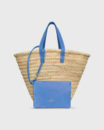 Load image into Gallery viewer, Leather Handle Straw Tote in Natural Straw/Blue Leather
