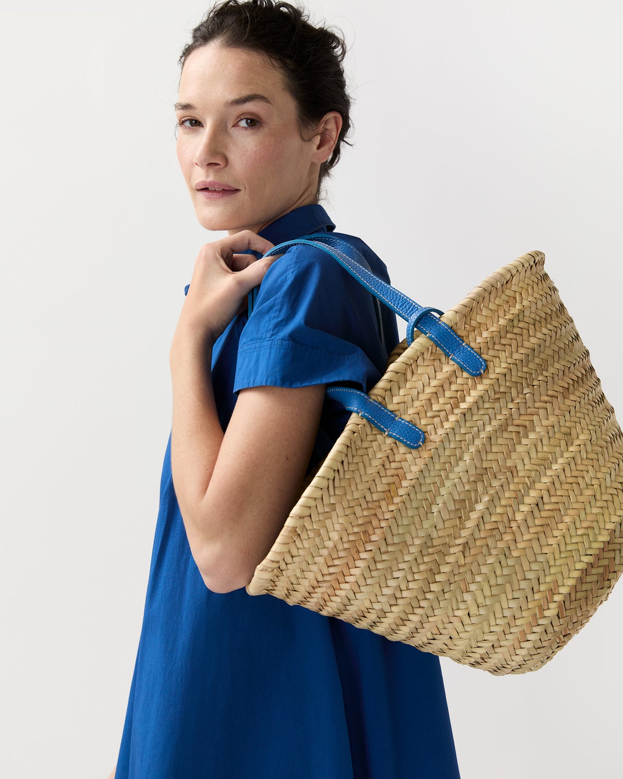 Leather Handle Straw Tote in Natural Straw/Blue Leather
