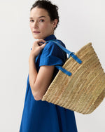Load image into Gallery viewer, Leather Handle Straw Tote in Natural Straw/Blue Leather
